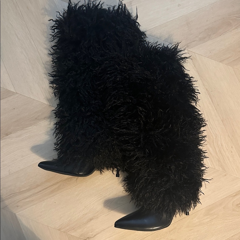 Fashion Nova Black Furry Heeled Boots